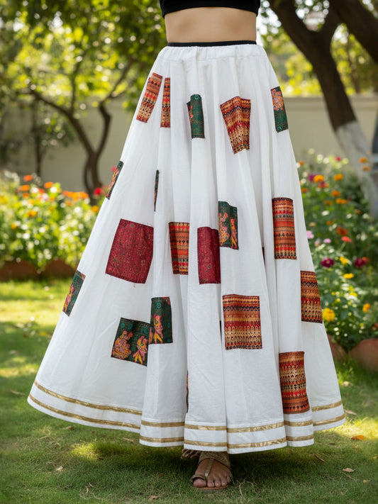 Patchwork Paradise: White Flared Ethnic Skirt