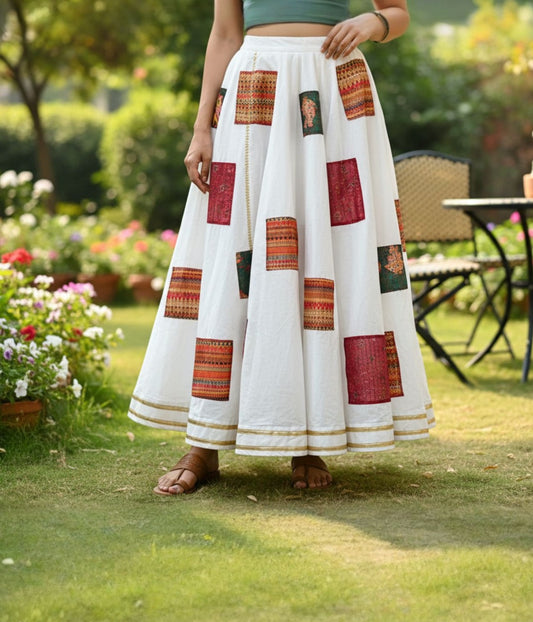 Patchwork Paradise: White Flared Ethnic Skirt