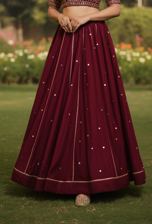 ✨Elegant Maroon Mirror finish Work Flared Lehenga Skirt